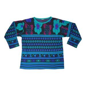 Vintage Cape Cod Sportswear Teal Floral Long Sleeve Knit Top Size Large‎